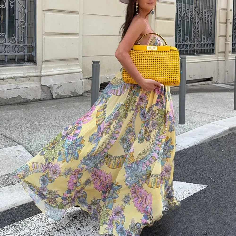 Sexy Floral Print Chiffon Print Loose Dress Women Cami Loose Beach Dress Fashion 2025 Summer Backless Female Dress