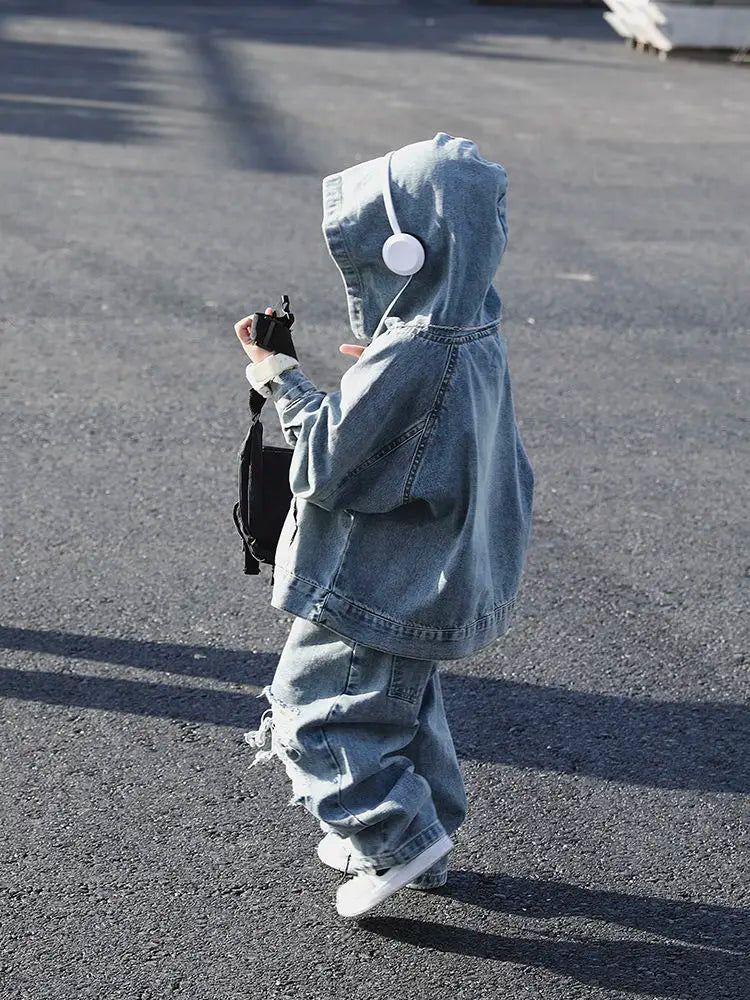Children's Clothing Boy Denim Jacket Hoodies + Jeans 2 Pcs Set Autumn Spring Vintage Hole Pants Children's Hooded Pullover Top