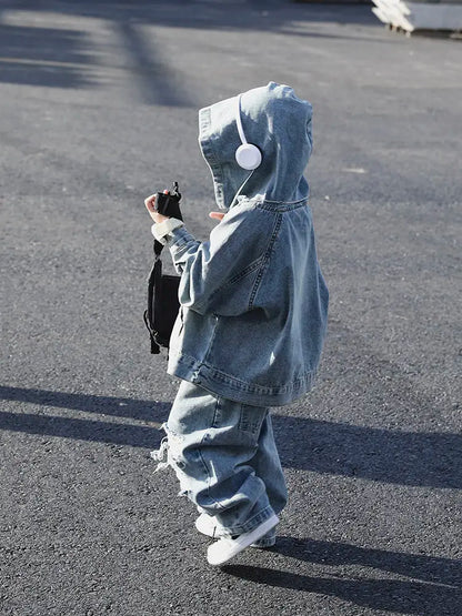 Children's Clothing Boy Denim Jacket Hoodies + Jeans 2 Pcs Set Autumn Spring Vintage Hole Pants Children's Hooded Pullover Top