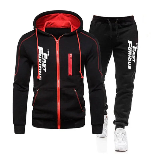 Autumn Winter Popular Mens Tracksuit Zipper Hooded Jacket+Running Pants 2 Piece Set Fast and Furious Print Casual Coat Clothing