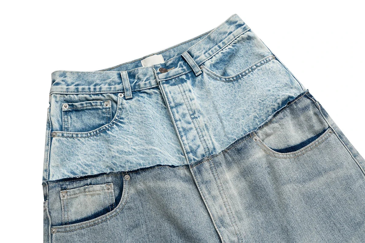 Double-layer Double Waist Patchwork Baggy Jeans for Men and Women Straight Casual Loose Denim Trousers Oversized
