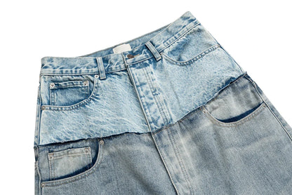 Double-layer Double Waist Patchwork Baggy Jeans for Men and Women Straight Casual Loose Denim Trousers Oversized