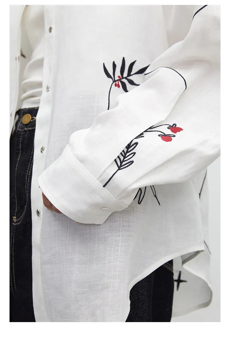 Fashion Women Shirt White Single-breasted Loose Casual Long Sleeve Pony Embroidered Female Blouses Spring Summer 2026