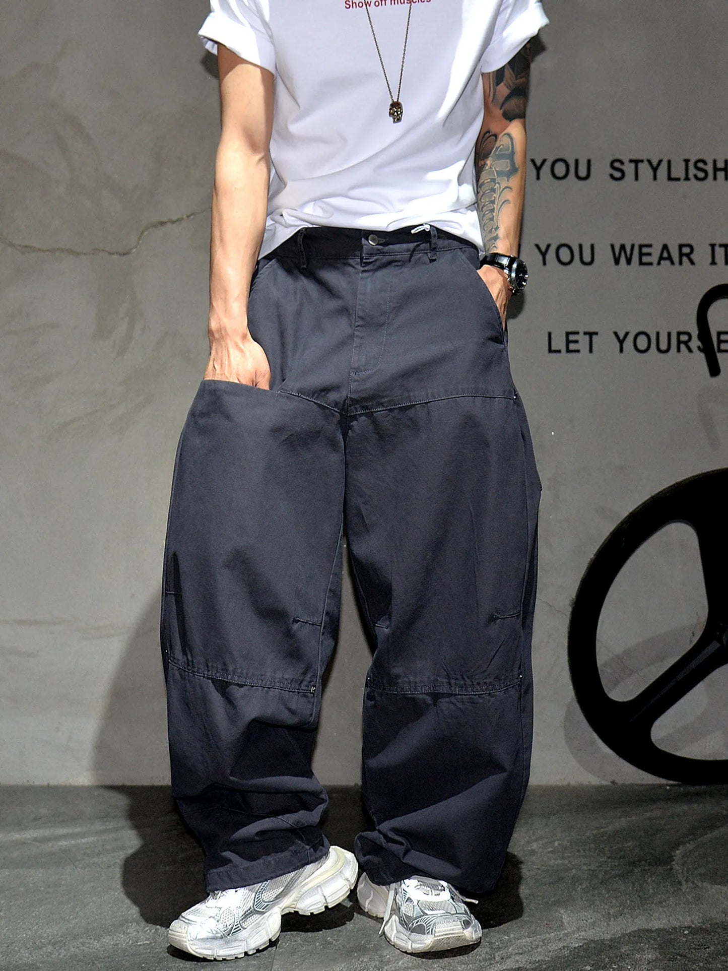 Mens Cargo Pants American Trendy Solid Black Cotton Heavyweight Wide Leg Loose Straight Streetwear Casual High Quality Pants