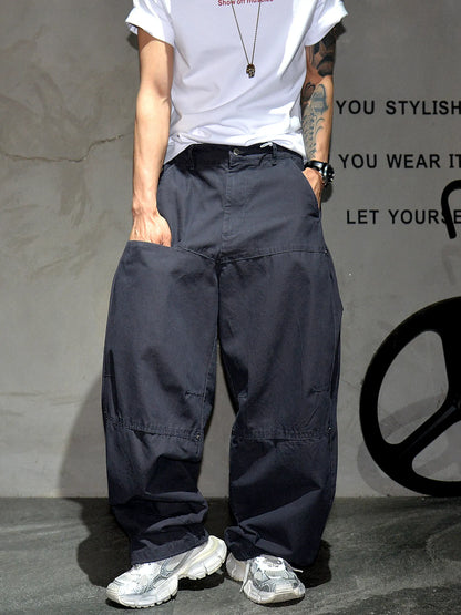 Mens Cargo Pants American Trendy Solid Black Cotton Heavyweight Wide Leg Loose Straight Streetwear Casual High Quality Pants