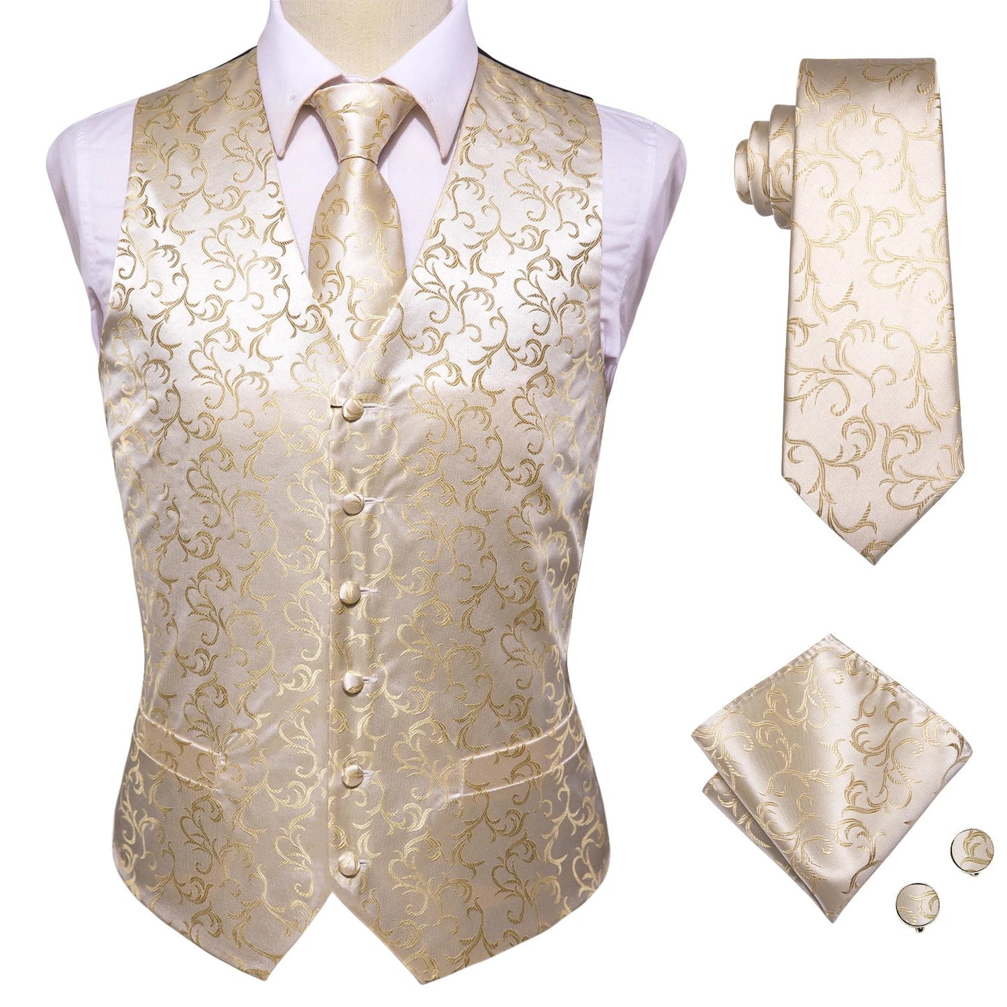 Brand New Mens Suit Dress Vests Necktie Hankerchief Cufflinks Set Silk Slim Fit Male Waistcoat Jacquard Waist Jacket Gilet Homme