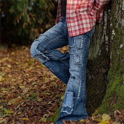 Vintage Patch Stretch American Style Flared Jeans Men's Streetwear Button Splicing Pocket Male Youth Daily Casual Denim Pants 23