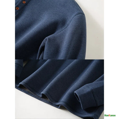 Men's Fleece - Lined Thickened Long - Sleeved Henley Neck Waffle Knit T - Shirt