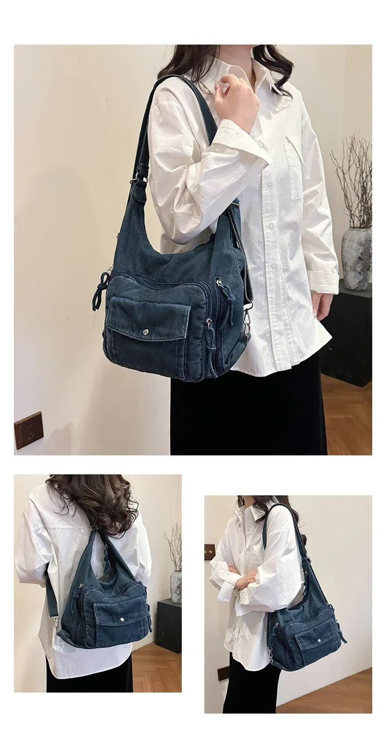 Solid Color Denim Trendy Shoulder Bag for 2025 High Quality Fashion Zipper Large Capacity Versatile Women's Crossbody Bag