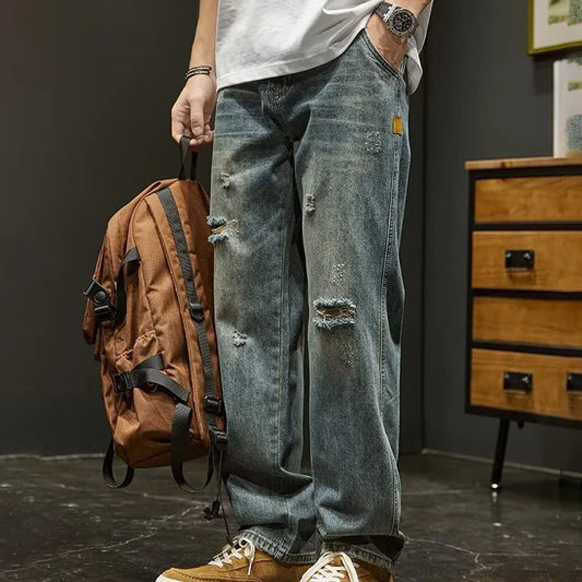 Korean Version Ripped Jeans Men'S Autumn New Retro Casual Pants High Street Loose Straight Leg Pants