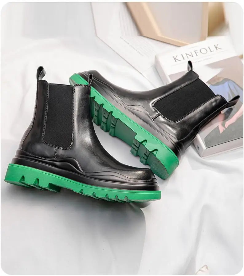 Fashion Mens Sheoes Platform Chelsea Boots Thick Bottom Split Leather Ankle Boots Male Footwear Round Toe Short Boots