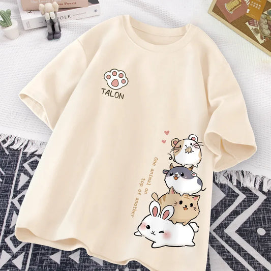 Summer Trendy Simple Cat Printed Short-sleeved T-shirt for Ladies and Boys Same Loose Casual Large-size Top
