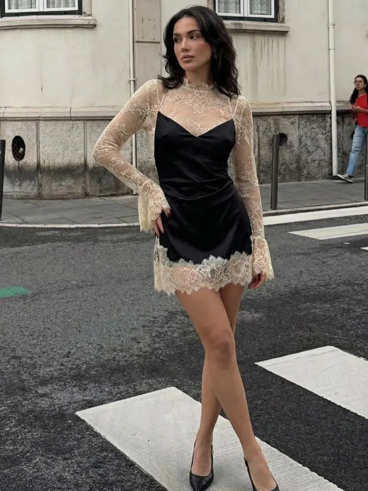 2026 Women Lace Patchwork Mini Dress Vintage Contrast Slim Long Sleeve Dresses Y2k Summer Fashion High Street Lady Chic Dress