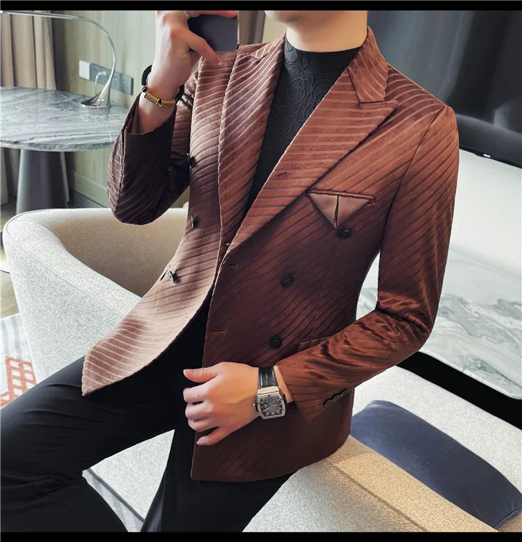 British Style Luxury Men Double Breasted Twill Suit Jacket High Quality Fashion Business Slim Fit Groom Social Party Suit Dress