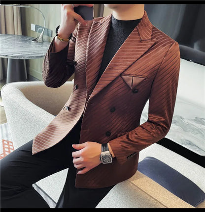 British Style Luxury Men Double Breasted Twill Suit Jacket High Quality Fashion Business Slim Fit Groom Social Party Suit Dress