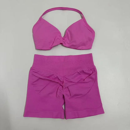 Yoga Gym Set Women Seamless Strappy Yoga Bra Top High Waist Workout Scrunch Shorts Sports Set Fitness Clothes Sportswear