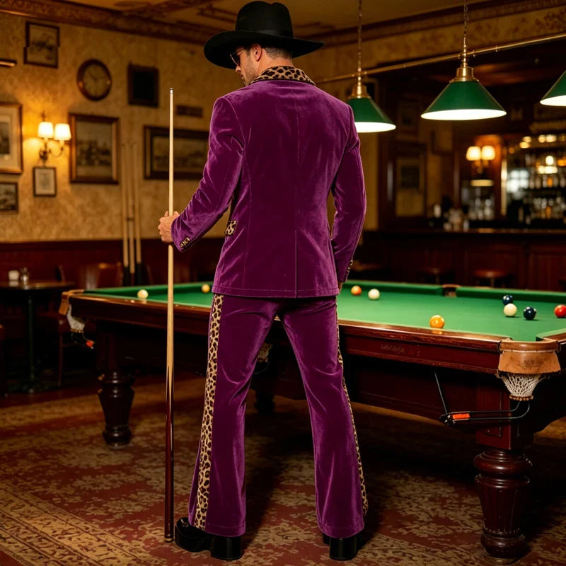 Luxury Men's Velvet Suit Notch Lapel Jacket Leopard Print Patchwork Trim Wide Leg Flare Trousers Tuxedo Cosplay Prom Event