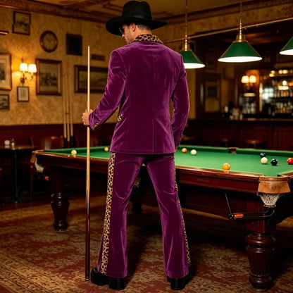 Luxury Men's Velvet Suit Notch Lapel Jacket Leopard Print Patchwork Trim Wide Leg Flare Trousers Tuxedo Cosplay Prom Event