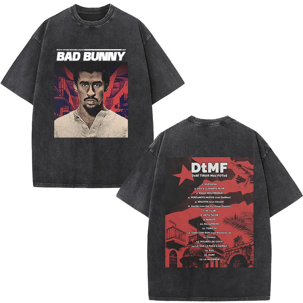 Rapper Bad Bunny Washed Vintage T-shirt Debi Tirar Mas Fotos DTMF World Tour 2026 T Shirts Men Women Fashion Hip Hop T-shirts