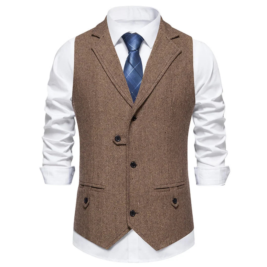 Men Vest Brown Herringbone Single Button Solid With Lapel Waistcoat For Wedding Groom Business Banquet Office Work Men Suit Vest