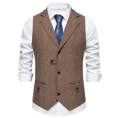 Men Vest Brown Herringbone Single Button Solid With Lapel Waistcoat For Wedding Groom Business Banquet Office Work Men Suit Vest