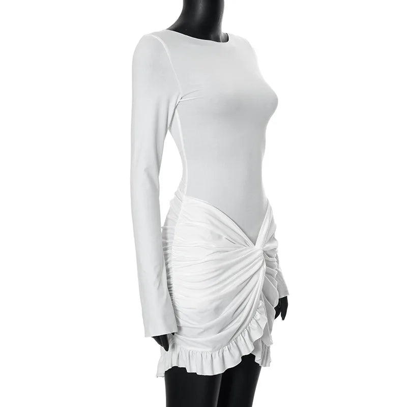 Ruched Bodycon Dress Women Sexy Long Sleeve Twist Ruffles Hem Mini Dresses Autumn White Elegant Club Party Short Vestidos