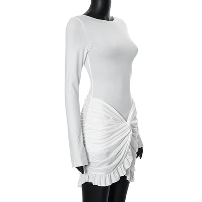 Ruched Bodycon Dress Women Sexy Long Sleeve Twist Ruffles Hem Mini Dresses Autumn White Elegant Club Party Short Vestidos