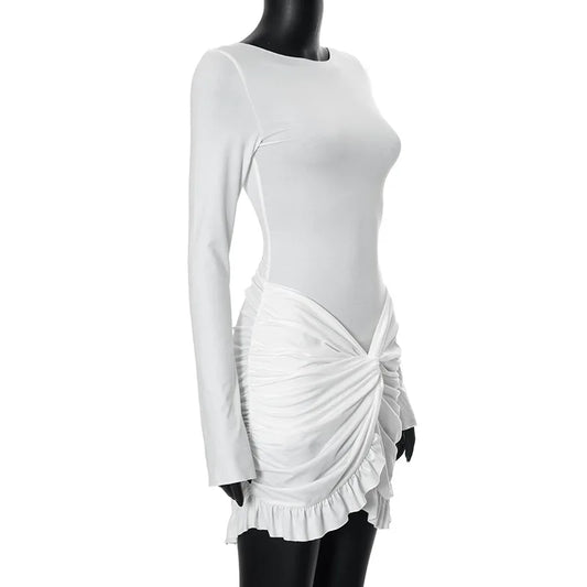 Ruched Bodycon Dress Women Sexy Long Sleeve Twist Ruffles Hem Mini Dresses Autumn White Elegant Club Party Short Vestidos