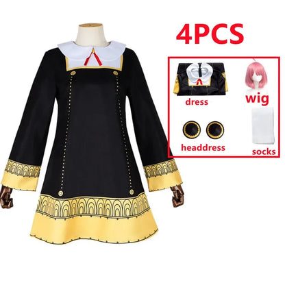 Anime SPY X FAMILY Anya Forger Cosplay Costume Black Dress Uniform Child Girls Pink Wig Stockings Party Role Outfit Adults Kids