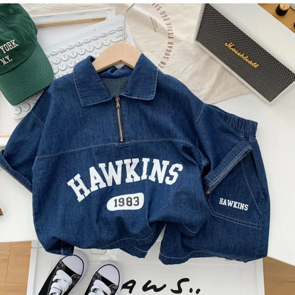Boys Cotton Summer Suit 2026 New Baby Fashion Print Clothes Children Korean Handsome Short-sleeved Shirt + Denim Shorts 2pcs Set