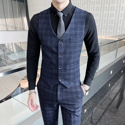 Men's High-Quality Cotton Texture Wedding Suit Set - Plaid Pattern Business Casual Three-Piece Vest Trousers Ensemble