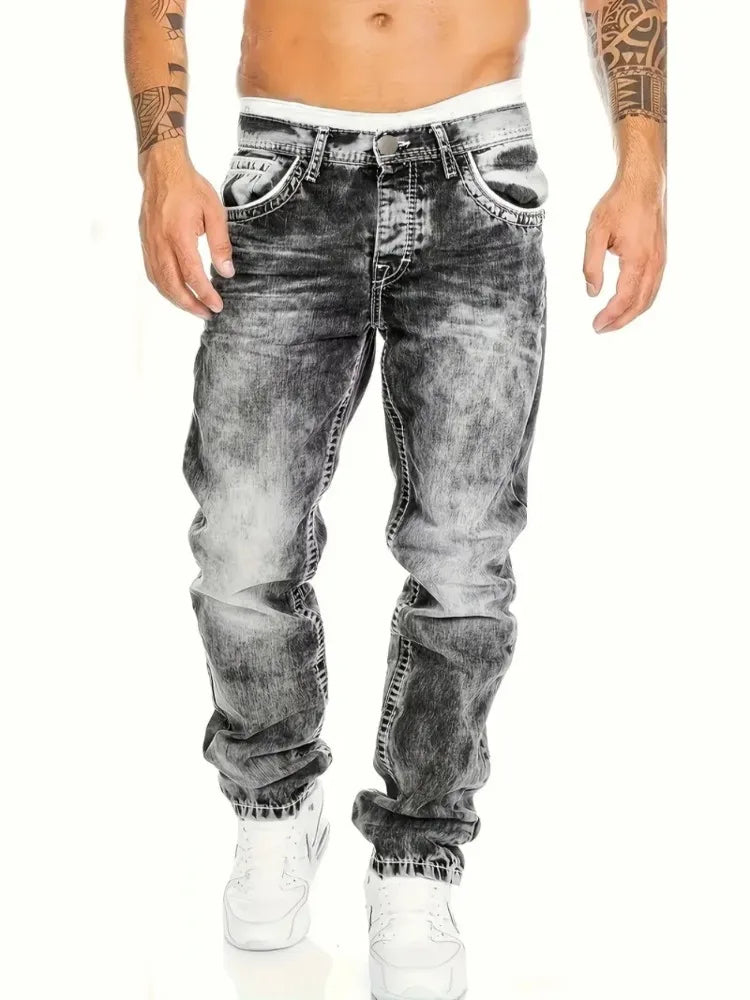 European American Jeans Men's Autumn New Slim Elastic Trousers Fashionable Vintage Wash Denim Pants Male Streetwear