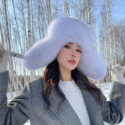 Winter Warm Real Fox Fur Hat Ear-Protecting Hats Women's Genuine Leather Windproof Fox Fur Bomber Hat Thickened Sheepskin Cap