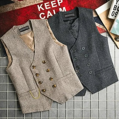 Men Suit Gray Vintage Double Breasted Blend Waistcoat For Wedding Groomsmen Banquet Men Coat