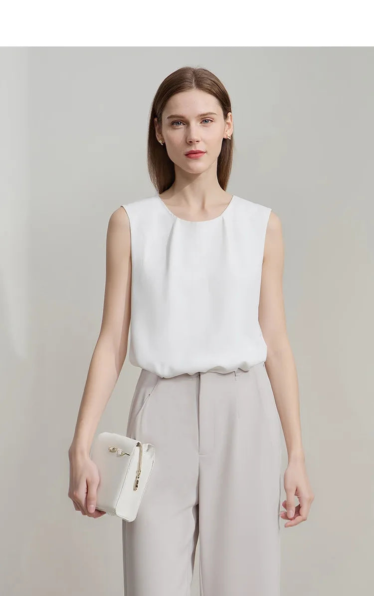 Sleeveless Women's Blouse 2026 Summer O-Neck Asymmetric Chiffon Top For Women Elegant Pleated Office Flowy Shirt 12642060