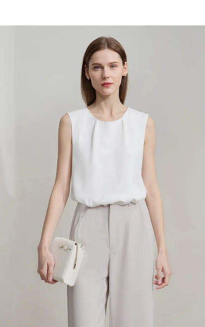 Sleeveless Women's Blouse 2026 Summer O-Neck Asymmetric Chiffon Top For Women Elegant Pleated Office Flowy Shirt 12642060