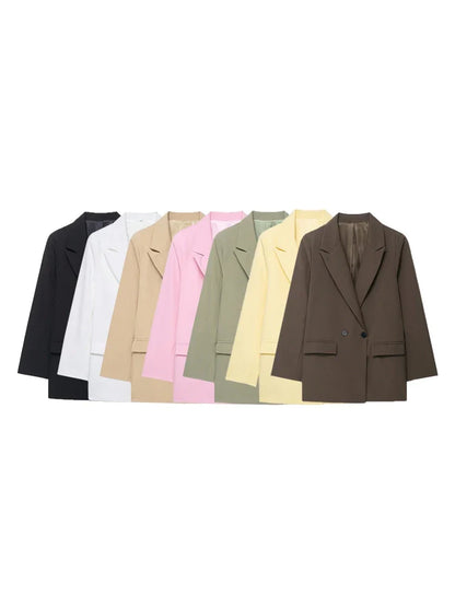 Women's Double-Breasted Solid Color Blazer Coat Long Sleeve Office Wear for Spring Autumn Winter Old Money Style