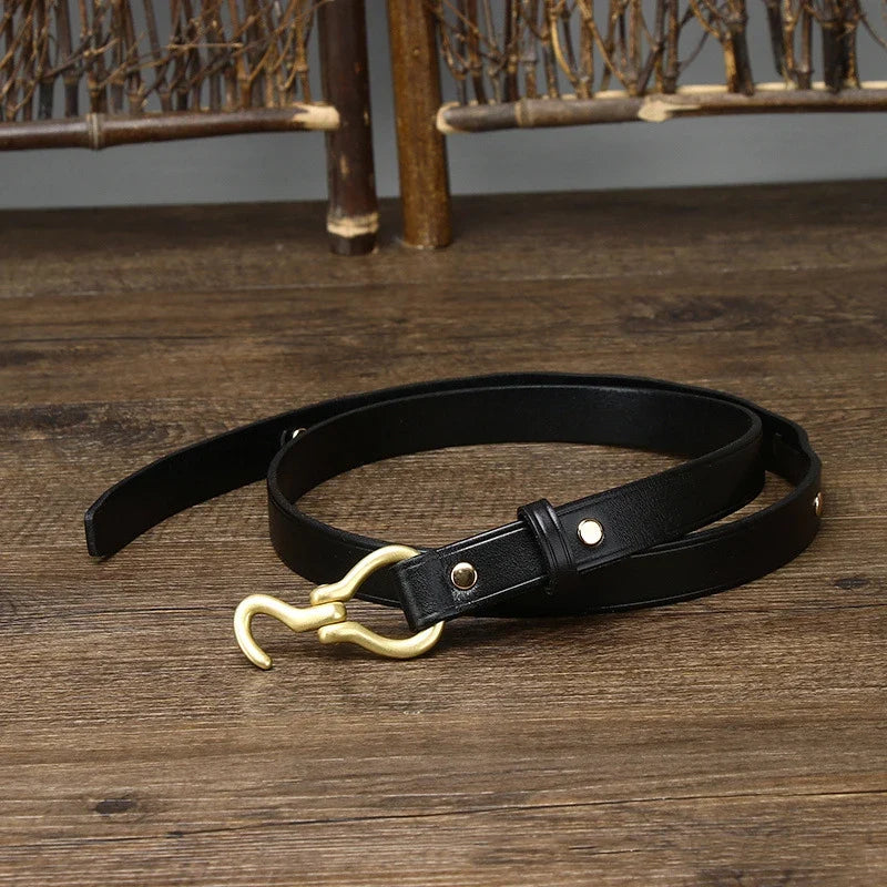 2.0 CM Ladies Pure Cowhide High Quality Genuine Leather Hook Belts for Women Brand Strap Brass Buckle Jeans Cowboy Thin Belt