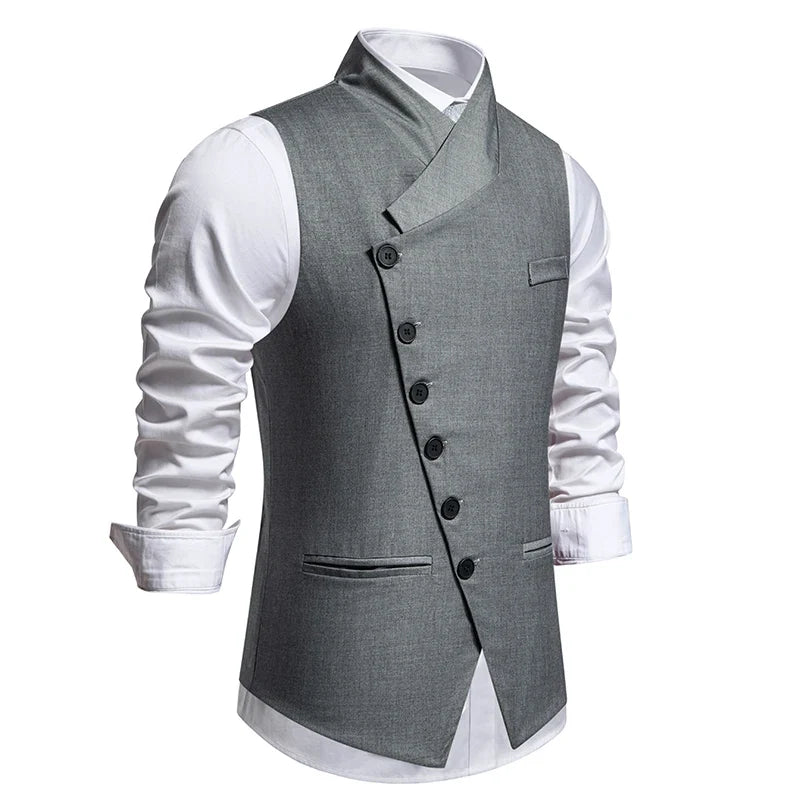 Men's Wedding and Party Vest with Diagonal Front Placket and Single-Button Closure