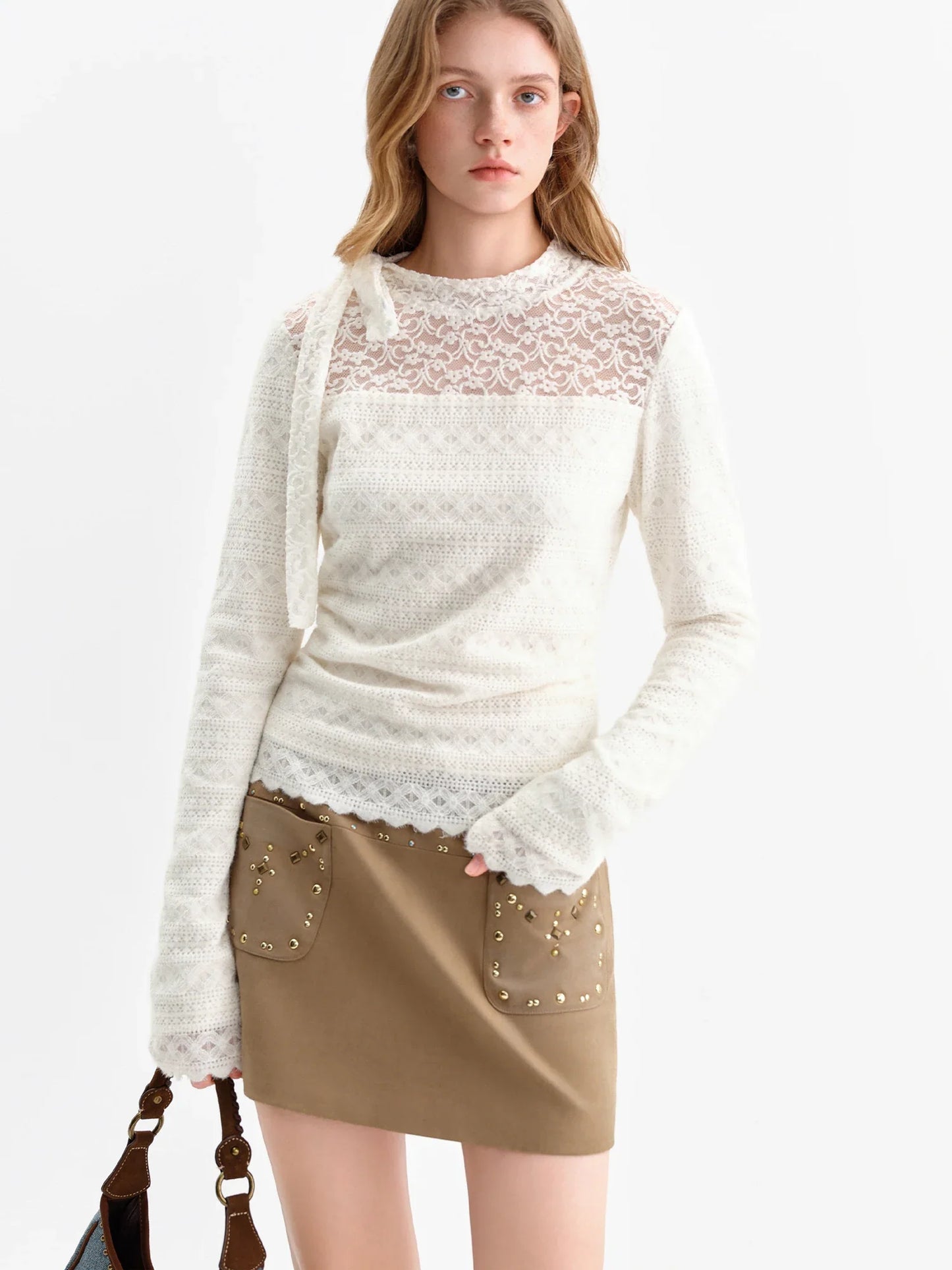 2025 Autumn Women's White Lace Crochet Knit Top Blouse Elegant Tied Front Y2K Retro Soft Pullover Sweet Off-Shoulder Shirt