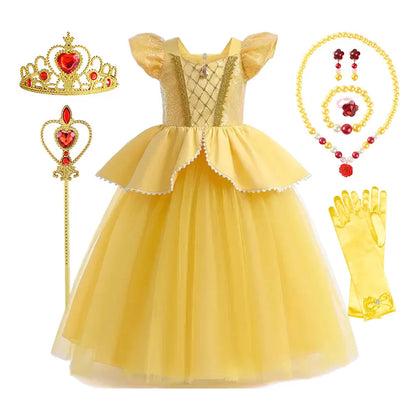 Beauty and the Beast Inspired Party Mesh Dress for Girl Elegant Fancy Princess Costume Belle Deluxe Ball Gown Kid Christmas Robe