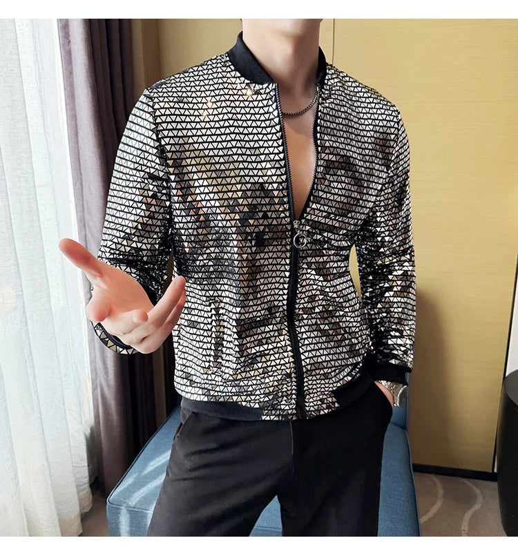 Men's Fashionable and Personalized Silver Sequin Jacket Summer New Ball Performance Suit Jacket Hip-hop Fashion Street Wear