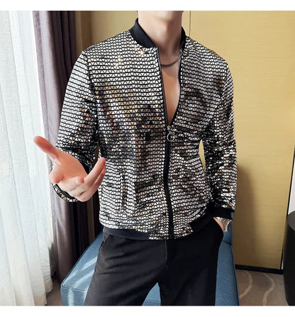 Men's Fashionable and Personalized Silver Sequin Jacket Summer New Ball Performance Suit Jacket Hip-hop Fashion Street Wear
