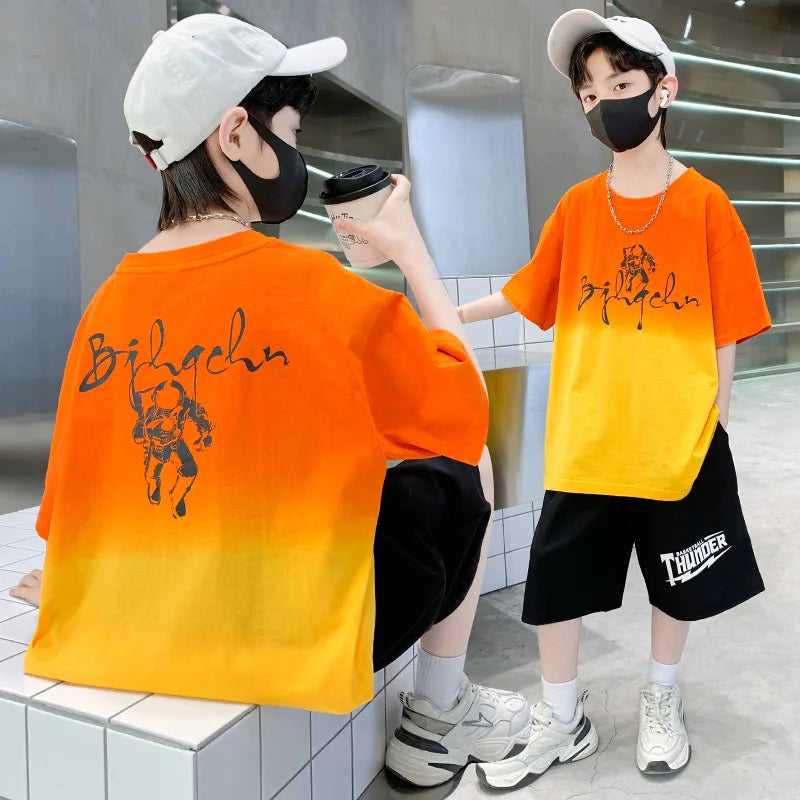 Kids Boy New Summer Suit Tie Dye T-shirt + Cargo Shorts 2 Pieces Tracksuit for Teens Child Shorts Sleeve Clothing Set Age 4 - 14
