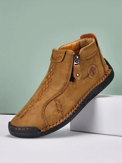 Classic Handmade Leather Men Shoes Zipper Design Outdoor Sneakers Slip On Breathable Casual Shoes Leather Men Ankle Boots