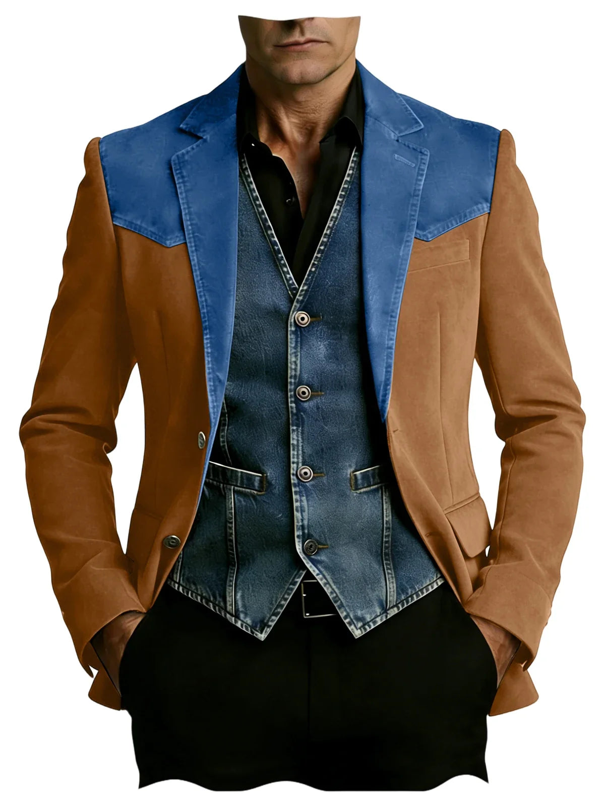 Men's Vintage Suede Blazer Notch Lapel 2 Button Denim Shoulder Collar Patch Jacket Business Casual Daily Wear Coat for Gentlemen