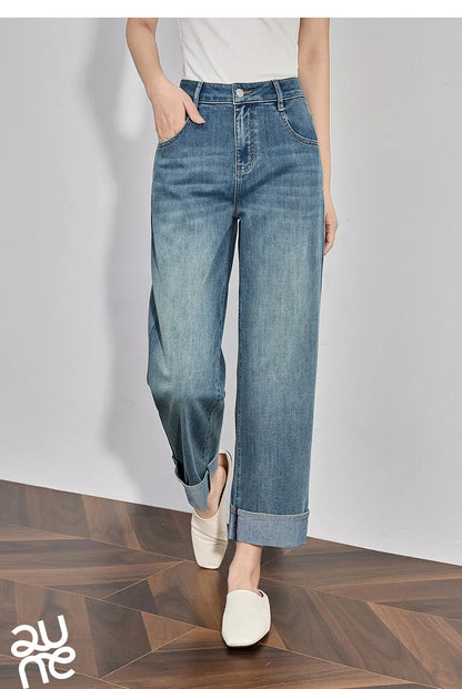 Women Denim Jeans 2025 Spring New Straight Wide Leg Rolling Up Ankle Length Cropped Pants
