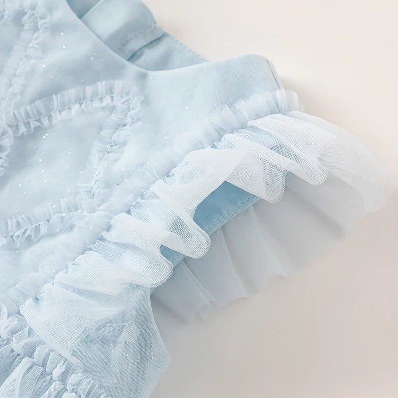 Girl's Princess Dress 2025 New Summer Children's Baby Sleeveless Blue Mesh Layered Dress Cute Sweet Party DB2240502