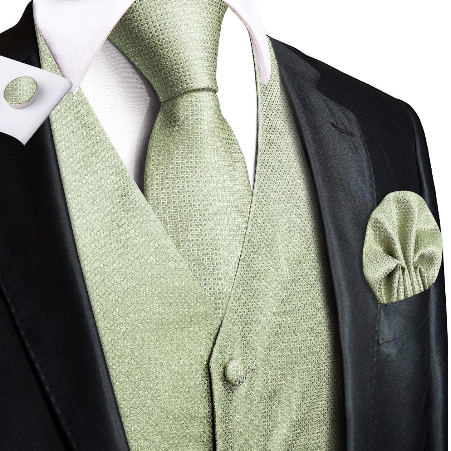 Silk Mens Suit Vests 4PC Woven Sage Green Solid Waistcoat Tie Pocket Square Cufflinks Business Wedding Dress Waist Jacket