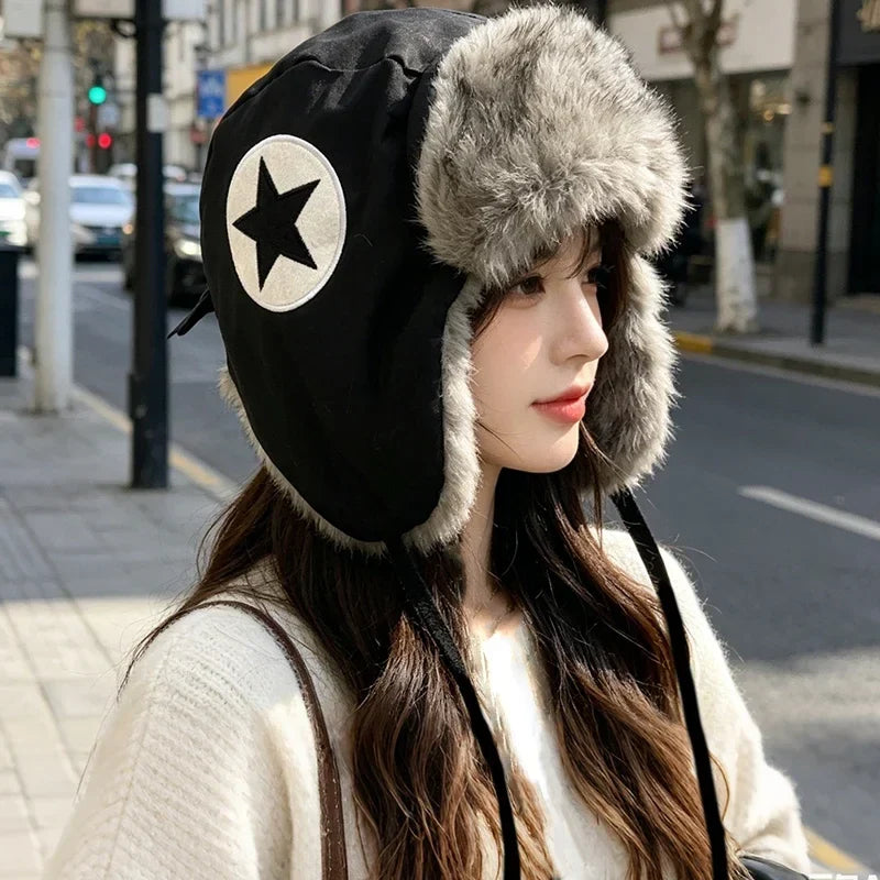 Y2K Star Patch Wool Like Lined Lei Feng Hat Unisex Black Autumn Winter Warm Ear Protection Trapper Hat for Outdoor Activities